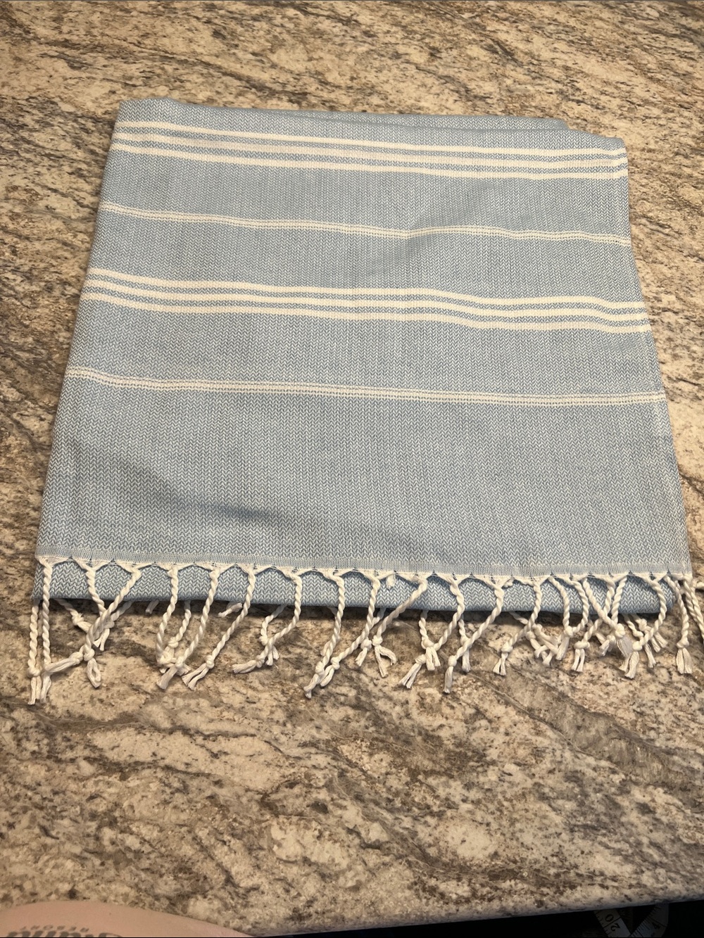 Light Blue and White Striped Tassel Lightweight Beach Towel 70 x 35 inch NWOT